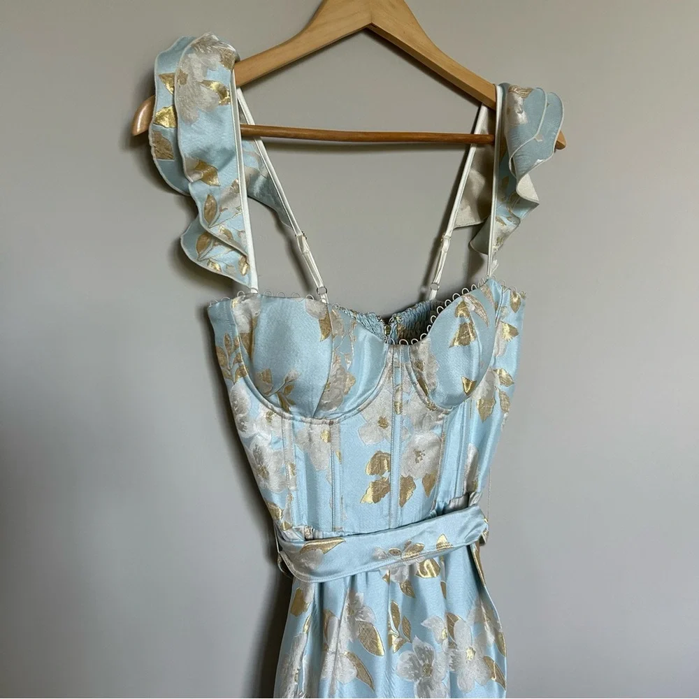 V. Chapman Sky Blue and Gold Floral Midi Dress - Picture 7 of 15